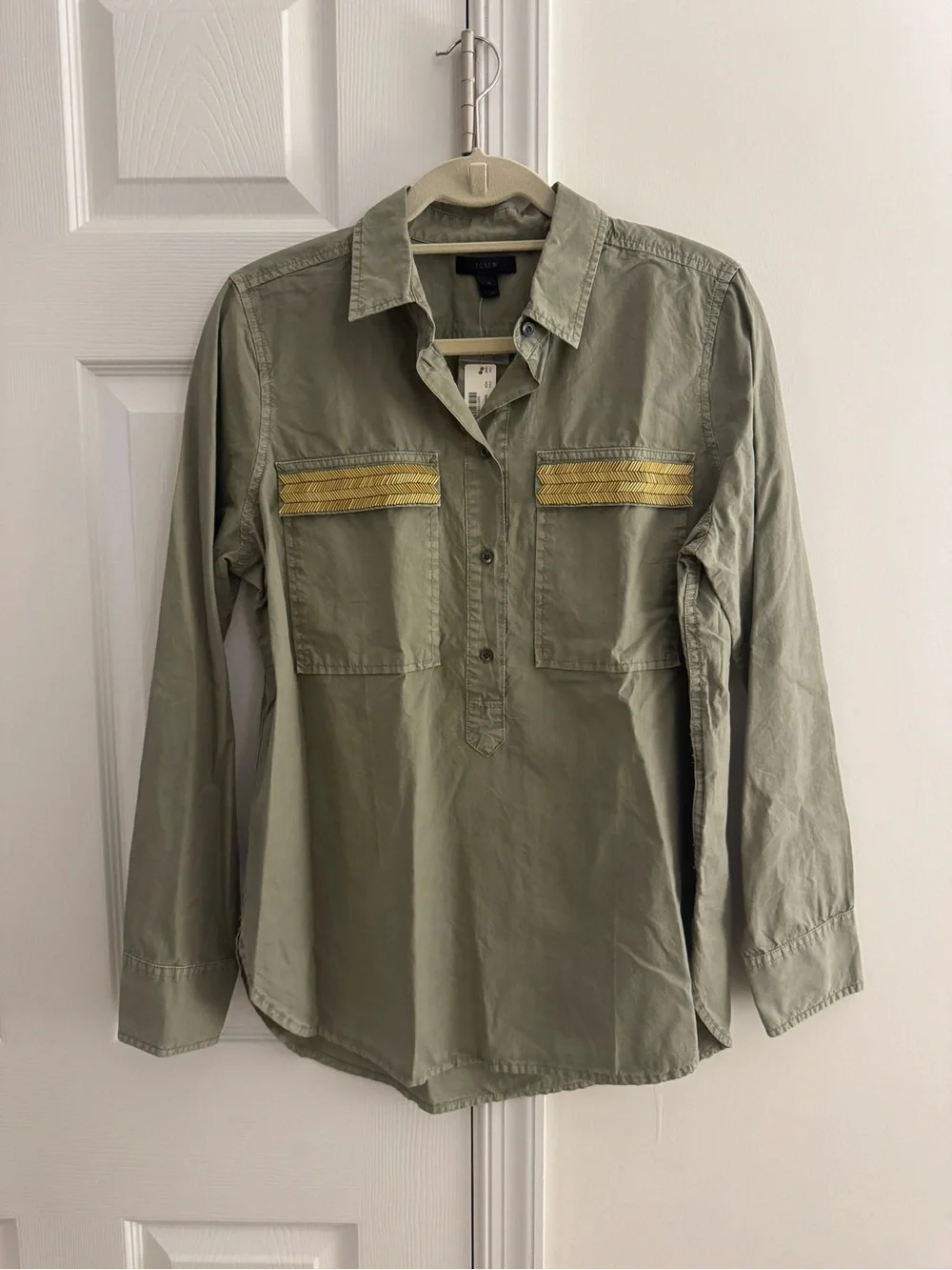J. Crew Olive Green Button-Down Shirt with Gold Trim